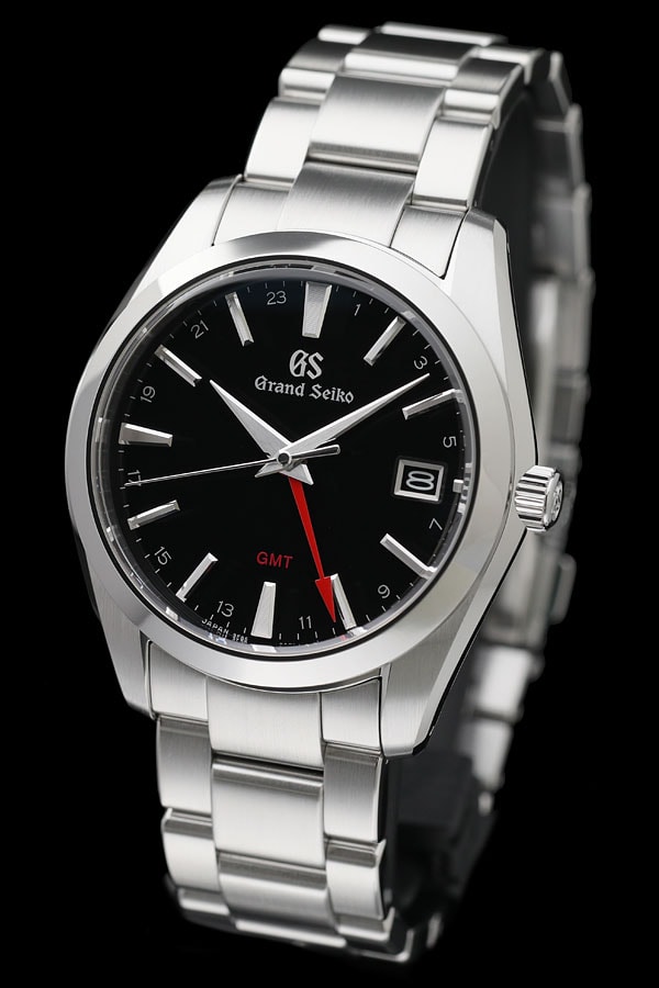 グランドセイコー SBGN013 GMTクォーツ メンズ腕時計,ステンレススティールケース,ブラックダイヤル,ステンレススチールのトリプルリンクバンド