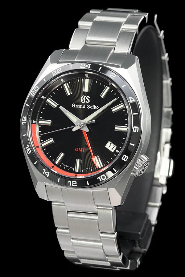 グランドセイコー SBGN019 GMTクォーツ メンズ腕時計,ステンレススティールケース,24時間表示のセラミックスベゼル,放射線ラインのブラックダイヤル,ステンレススチールのトリプルリンクバンド