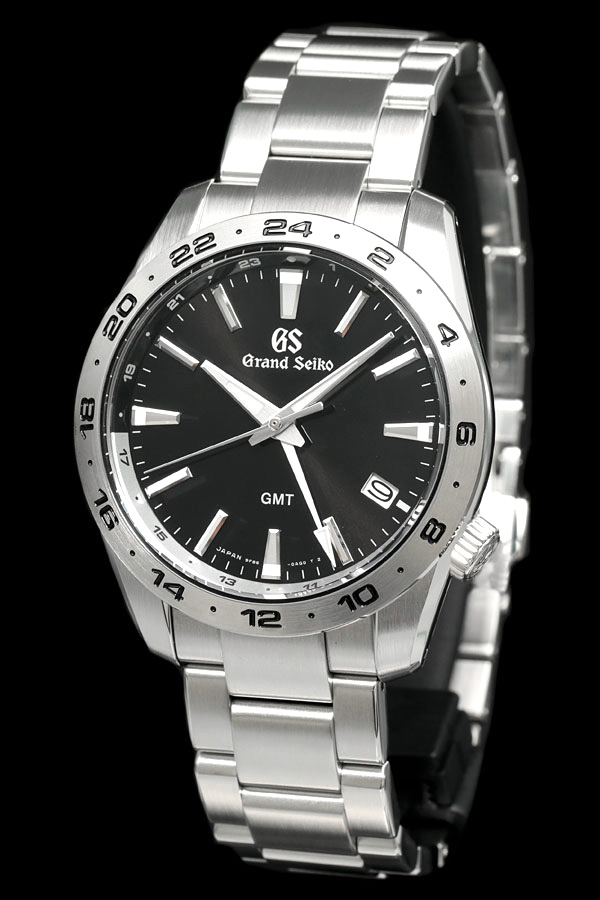 グランドセイコー SBGN027 GMTクォーツ メンズ腕時計,ステンレススチールケース,24時間表示の金属ベゼル,ブラックダイヤル,ステンレススチールのトリプルリンクバンド