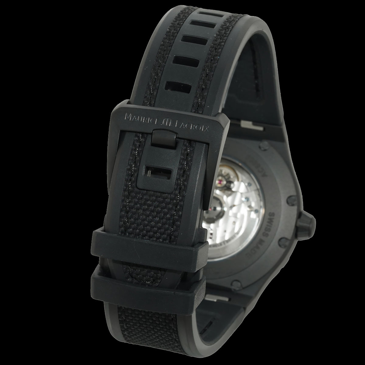 モーリスラクロア アイコニック オートマチック AC6008-TTB00-330-2 ブラック, ナイロン風テクスチャーのラバーを組み合わせたバイラバーストラップ